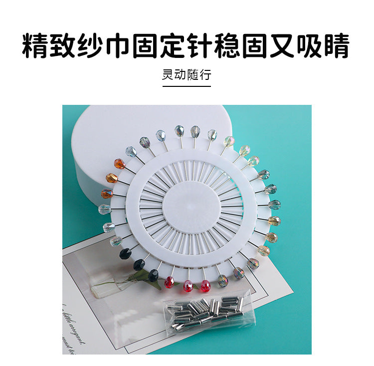 Cross-border B2B wholesale, fashionable crystal disc, colorful positioning bead pins, pin fixing accessories, versatile clothing, scarf hijab pins, scarf pins, Muslim positioning bead pins